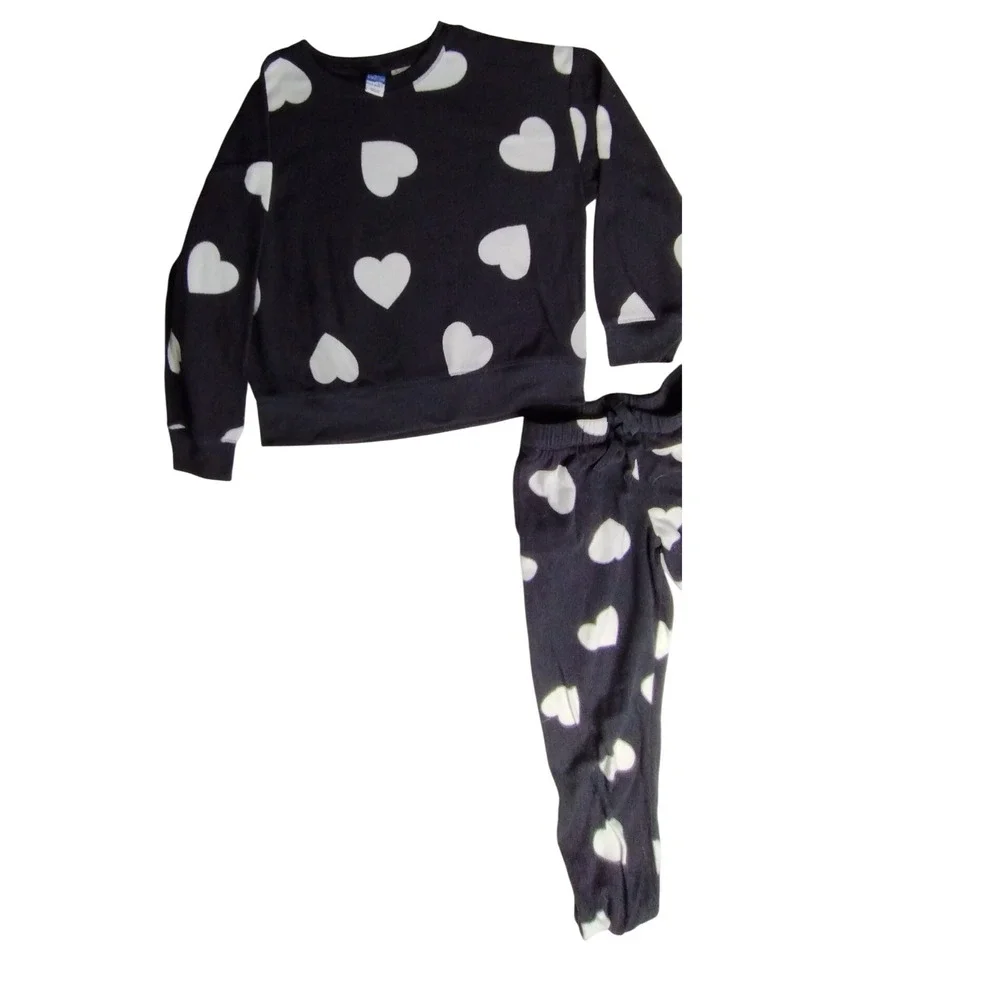 Old Navy Girls M Hearts Black Pajama‎ Set Matching Top & Bottoms Kid's Medium
